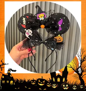Kids Halloween headband with cute witch ghost pumpkin and black mesh bow for party wear.