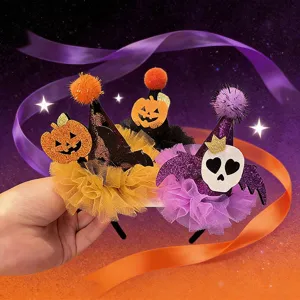 Halloween Pumpkin Witch Hat Hair Clips For Kids Mesh Sequin Ghost Bat Hairpins Festive Party Costume Accessories For Girls