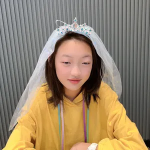 Girls blue princess tiara veil headband rhinestone hair accessory for kids party wear