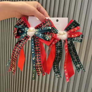 Christmas Hair Clips For Kids Girls Red Green Plaid Bow Ribbon Hairpins Pompom Santa Reindeer Hair Accessories Festive Hair Clip