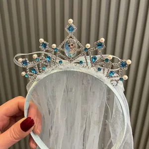 Girls Frozen Elsa Crown Headband Blue Mesh Rhinestone Veil Hair Hoop Hair Accessory