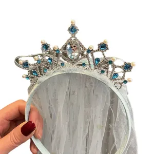 Girls blue princess tiara headband with veil rhinestone crystal crown frozen elsa hair accessory
