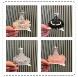 Kids cute star cone hair clip with pearl and colorful mesh tulle, lovely children hair accessory.