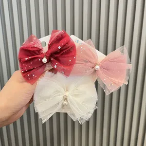 Dolce Fiocco in Rete Con Paillettes E Perla Artificiale per Bambine Clip per Capelli in Tulle Fatta a Mano Accessorio Fai-da-Te