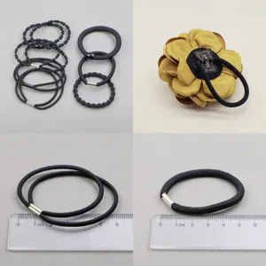 Black hair ties and yellow fabric flower hair rope set, durable elastic ponytail holders.