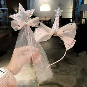 Prinzessin Krone Stirnband Netzschleier Set Kinder Haarschmuck Mädchen Strass Stern Fee Zauberstab Partei Geburtstag Cosplay Geschenk Kopfschmuck