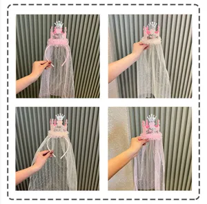 Children birthday crown headband with mesh veil, cute pink princess hair accessory for party.