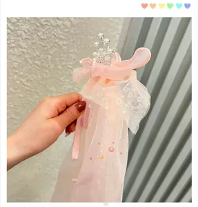 Princesse couronne voile enfant accessoire cheveux rose tulle perle fete anniversaire photo