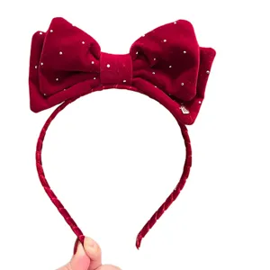 Cerchietto con fiocco in velluto rosso per ragazze, accessorio capelli con strass.