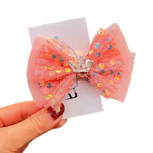 Süße rosa Pailletten Schleife Haarklammer mit Strass Krone für Mädchen, Prinzessin Entenschnabelspange.