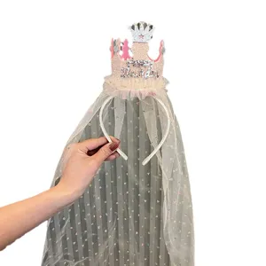 Kids birthday crown headband with fairy veil, cute princess hair accessories for party and photo.