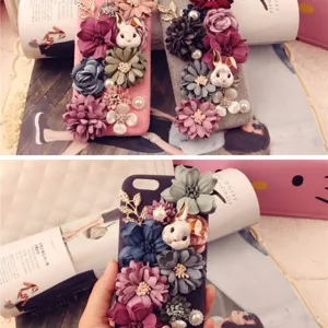 Handgemachte 3D Stoffblume Hase Handyhülle süße DIY Perle blumige Schutzhülle neu