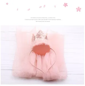 Children pink sequin crown veil headband cute mesh hair accessory for birthday party girl daily wear