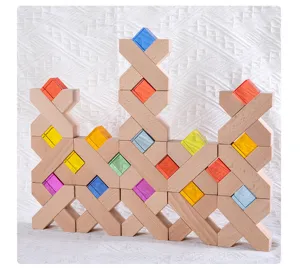 Wooden acrylic translucent crystal building blocks detail view, colorful geometric toy.