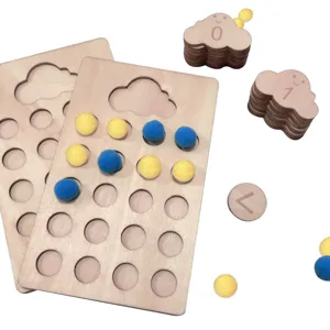 Wooden early education number board toy detail with cloud blocks and colorful pom poms.
