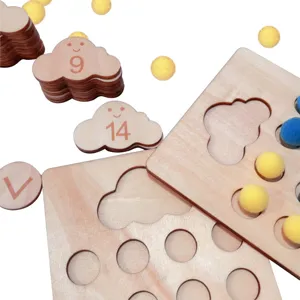 Wooden number counting board toy for kids, early educational puzzle set with colorful pom-poms.