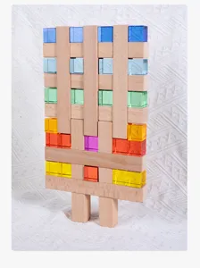 Colorful acrylic and wood building blocks, educational rainbow crystal cube toys for kids.