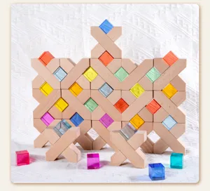 Acrylic translucent wooden building blocks detail showing vibrant rainbow colors and natural wood texture.