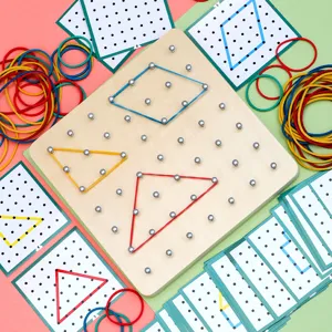 Montessori wooden geoboard educational toy set with colorful rubber bands and pattern cards for kids.