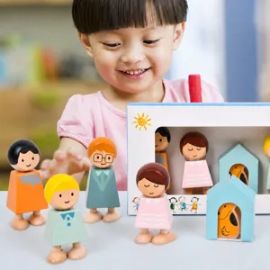 Wooden Family Figures Building Blocks Educational Early Learning Toy Cartoon Character Set For Kids Toddler Gift