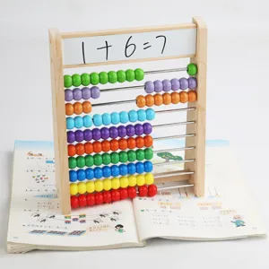 Wooden children math abacus calculating frame with colorful counting beads for early learning.