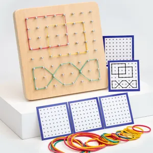 Wooden geoboard educational toy with colorful rubber bands and shape cards for kids learning.