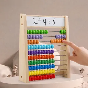 Wooden children calculation abacus frame with colorful beads and whiteboard for math learning main view.