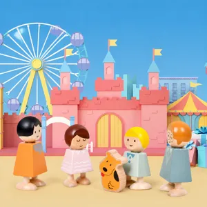 Early education wooden toy block set with happy family figures and cute dog for kids play