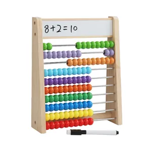 Kids wooden abacus math counting frame educational toy with colorful beads and whiteboard.