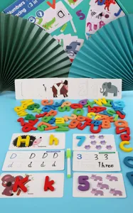 Wooden alphabet number puzzle set with learning cards for kids early education and spelling.