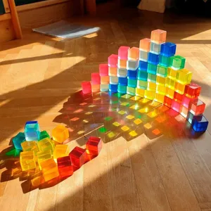 Kids Educational Translucent Rainbow Crystal Building Blocks Beech Wood Acrylic Cube Toy Set