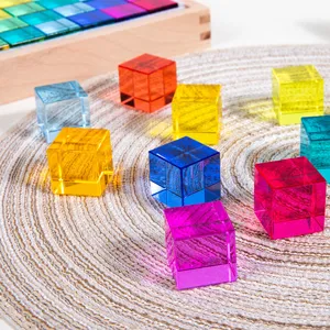 Translucent acrylic building blocks, colorful crystal square cubes for kids educational play.