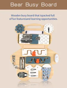 Wooden bear busy board detail with gears, clock, latches and locks for early toddler learning.