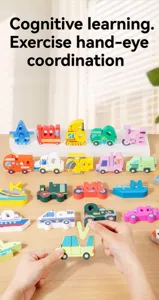 Wooden alphabet vehicle building blocks set for kids early childhood cognitive learning.