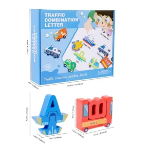 Wooden traffic combination letter building blocks detail showing size, dimensions and packaging.