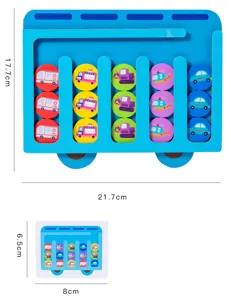 Details of wooden logic puzzle toy with sliding colored blocks and clear dimension markings.