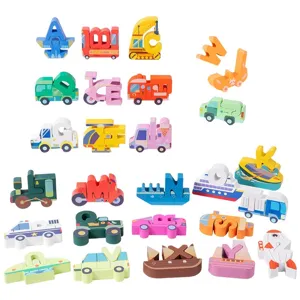 Kids early education alphabet vehicle wooden building blocks puzzle educational toy set.