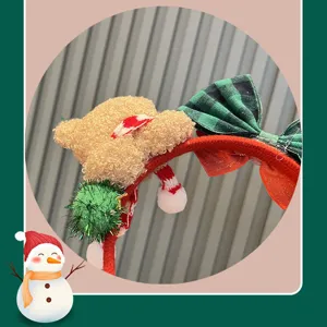 Christmas teddy bear headband with green plaid bow, cute holiday hair hoop photo props.
