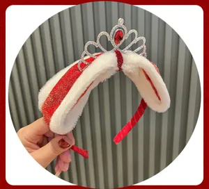 Kids red plush crown headband with rhinestones for Christmas, festive holiday hair accessory.