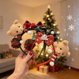 Christmas Bear Headband Fabric Yarn Cute Cartoon Plush Animal Hair Band Bow Knot Headpiece Festive Photo Props For Kids Kids Hair Accessories