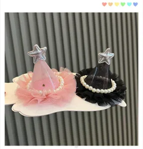 Cute kids crown hat hair clips with pearls mesh star design sweet toddler princess hair accessories