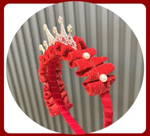 Red princess crown headband with glittering red ruffles, pearls and crystal details showcase