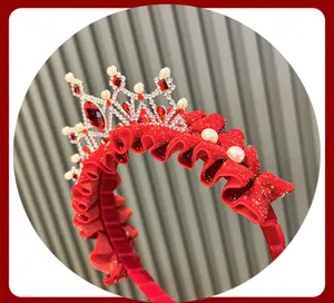 Red crown headband for kids with rhinestones pearls sparkly red ruffles festive detail