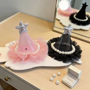 Kids Mesh Crown Mini Birthday Hat Hair Clip Sweet Princess Artificial Pearl Sequin Tulle Alligator Clip Hairpin Hair Accessory Gift For Girls