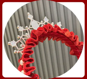 Red crown hairband detail, sparkling rhinestone crown and pearl design for kids festive wear.