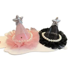 Cute girls mini cone hat hair clips with pearls and star toppers for party styling main
