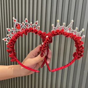 Children Crown Headband Red Velvet Rhinestone Princess Hair Band For Girls Festive Floral Headpiece With Tassel And Pearl