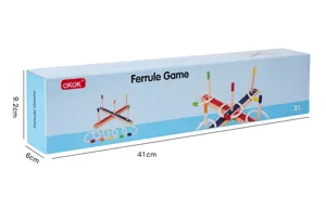 Dettaglio della confezione del gioco di lancio anelli in legno con dimensioni chiare.