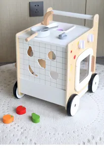 Wooden pretend play kitchen cart toy with shape sorter and fruit blocks for toddlers.