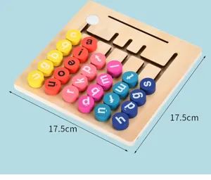 Wooden alphabet sliding maze toy detail, colorful letter sorting blocks for early learning kids.